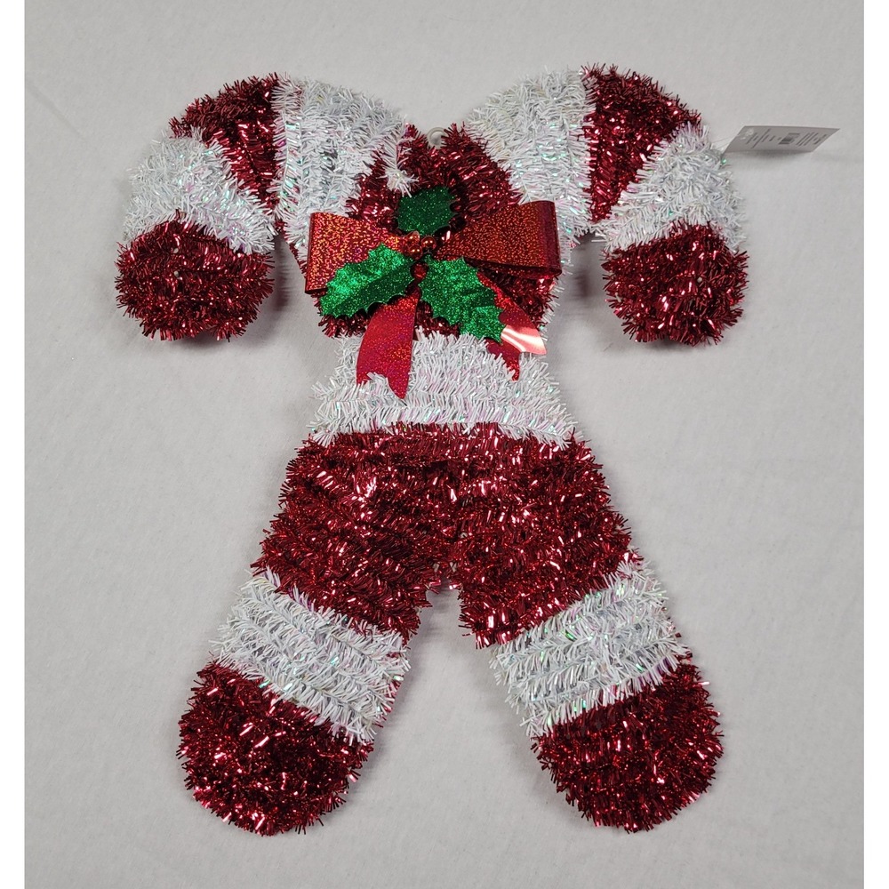 Holiday Time 19" Tinsel Candy Cane Wreath Christmas Wall Decor Red White Bow